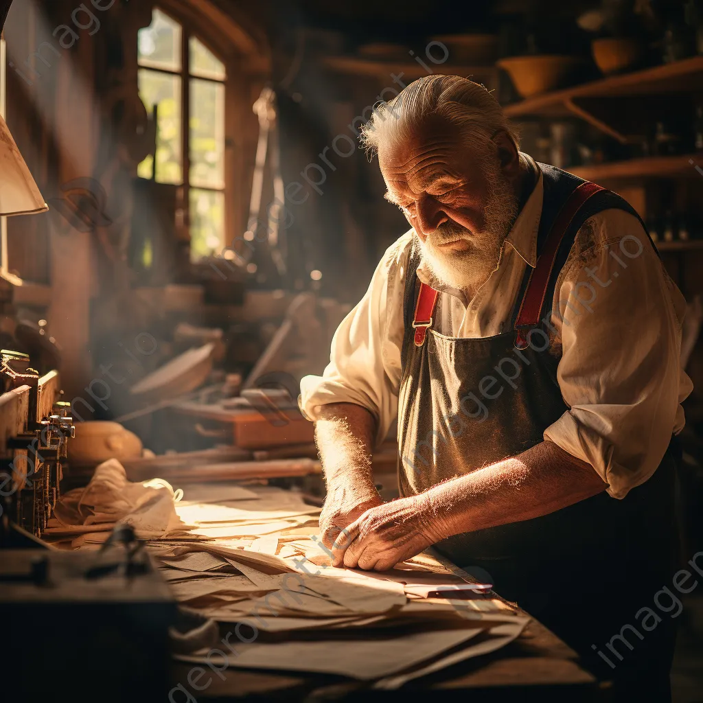 Elderly craftsman pulling sheets of paper from a vat. - Image 1