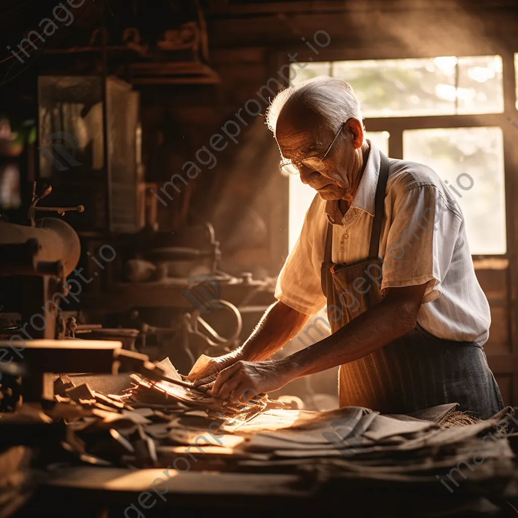 Elderly craftsman pulling sheets of paper from a vat. - Image 2