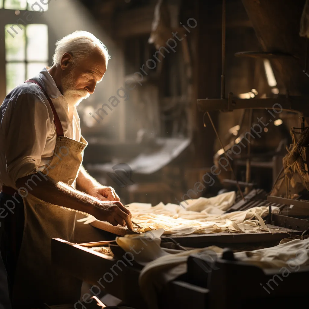 Elderly craftsman pulling sheets of paper from a vat. - Image 3