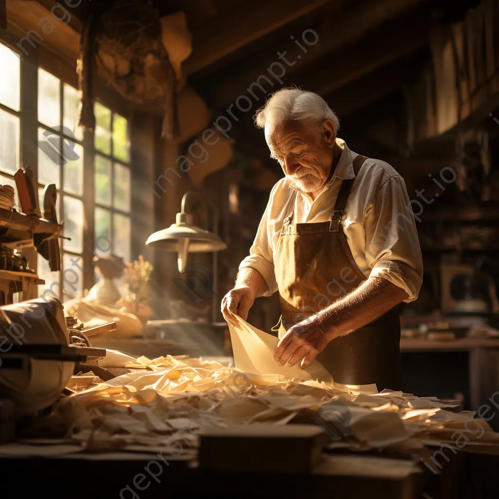 Elderly craftsman pulling sheets of paper from a vat. - Image 4