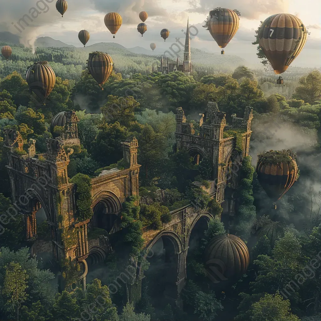 Hot air balloons floating over an ancient castle ruin in green surroundings - Image 1