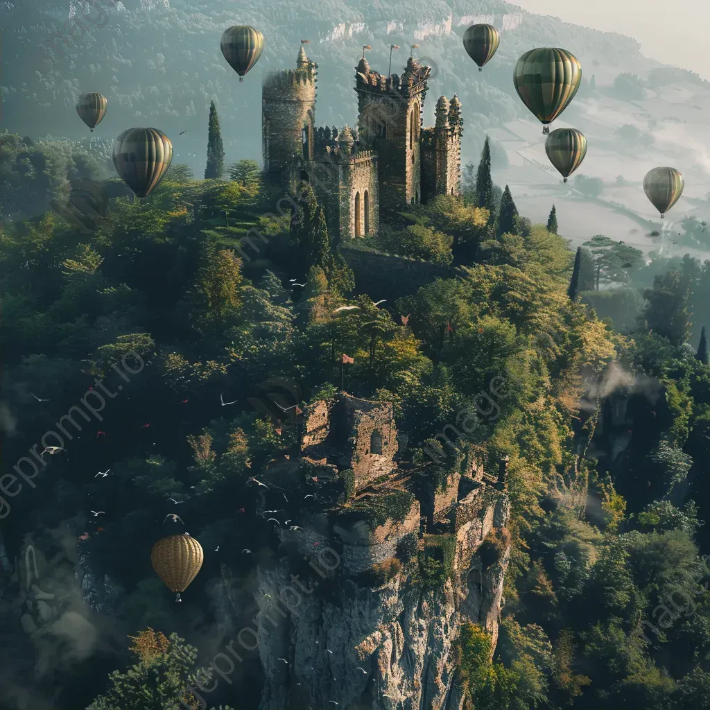 Hot air balloons floating over an ancient castle ruin in green surroundings - Image 2