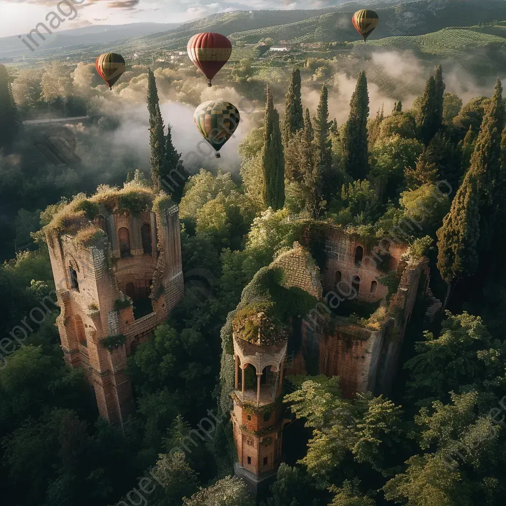 Hot air balloons floating over an ancient castle ruin in green surroundings - Image 3