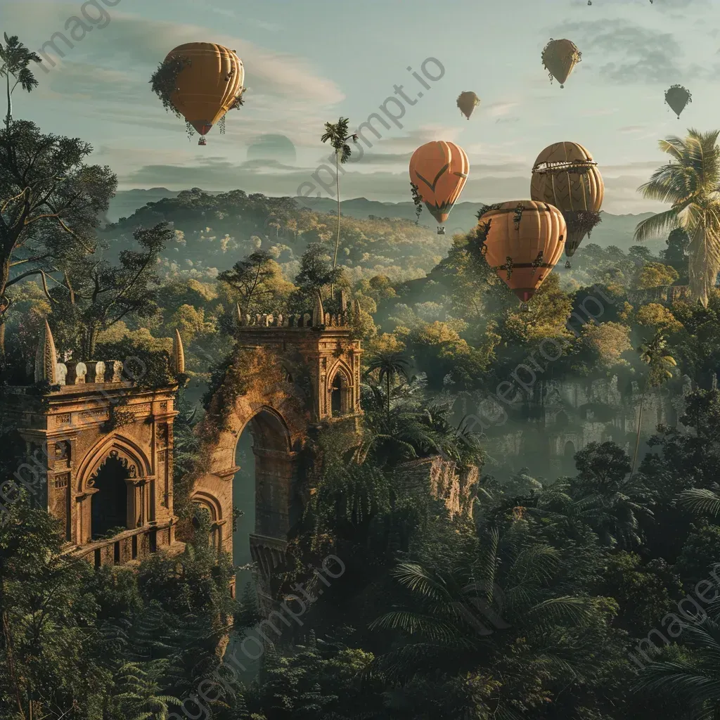 Hot air balloons floating over an ancient castle ruin in green surroundings - Image 4