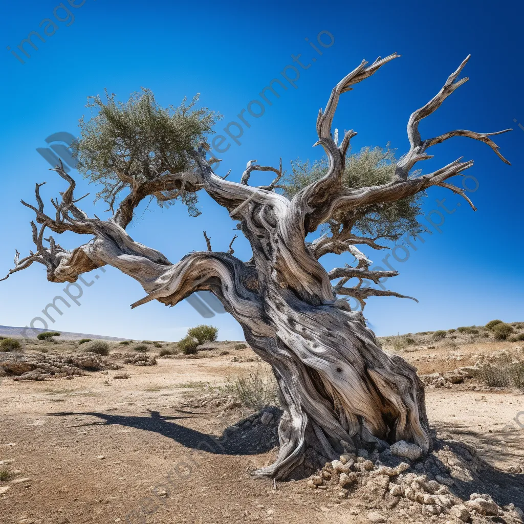 Weathered olive tree against a clear blue sky - Image 1