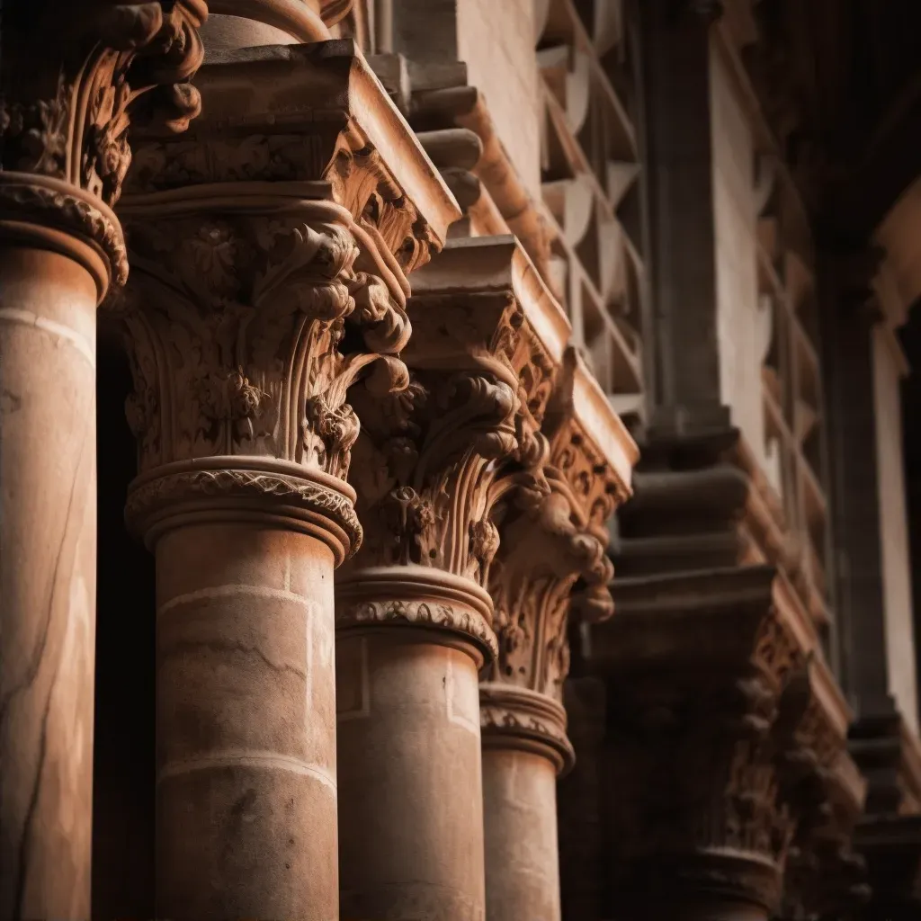 Architectural details of ancient cathedral in black and white - Image 2