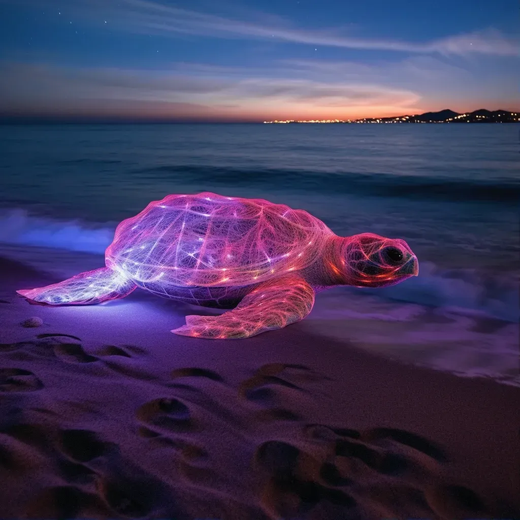 Leatherback sea turtle on moonlit beach heading towards ocean - Image 1