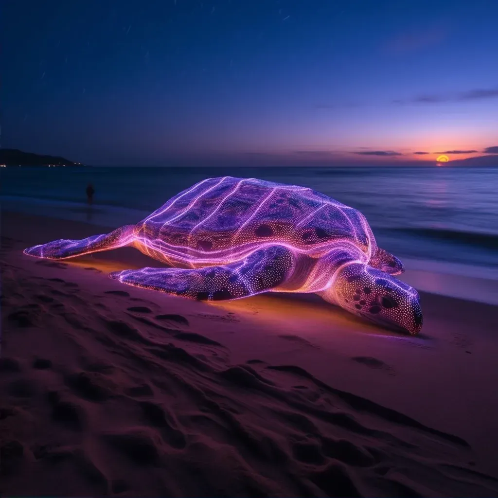 Leatherback sea turtle on moonlit beach heading towards ocean - Image 2