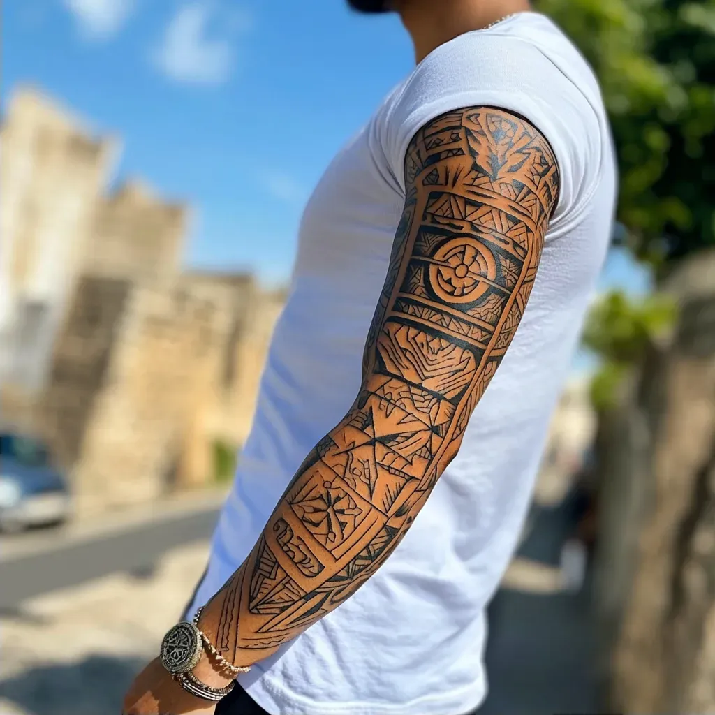 Full-sleeve Polynesian tribal tattoo with bold, black geometric patterns - Image 2