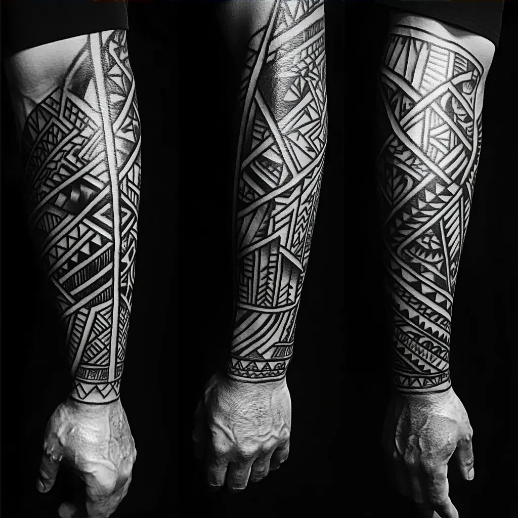 Full-sleeve Polynesian tribal tattoo with bold, black geometric patterns - Image 4