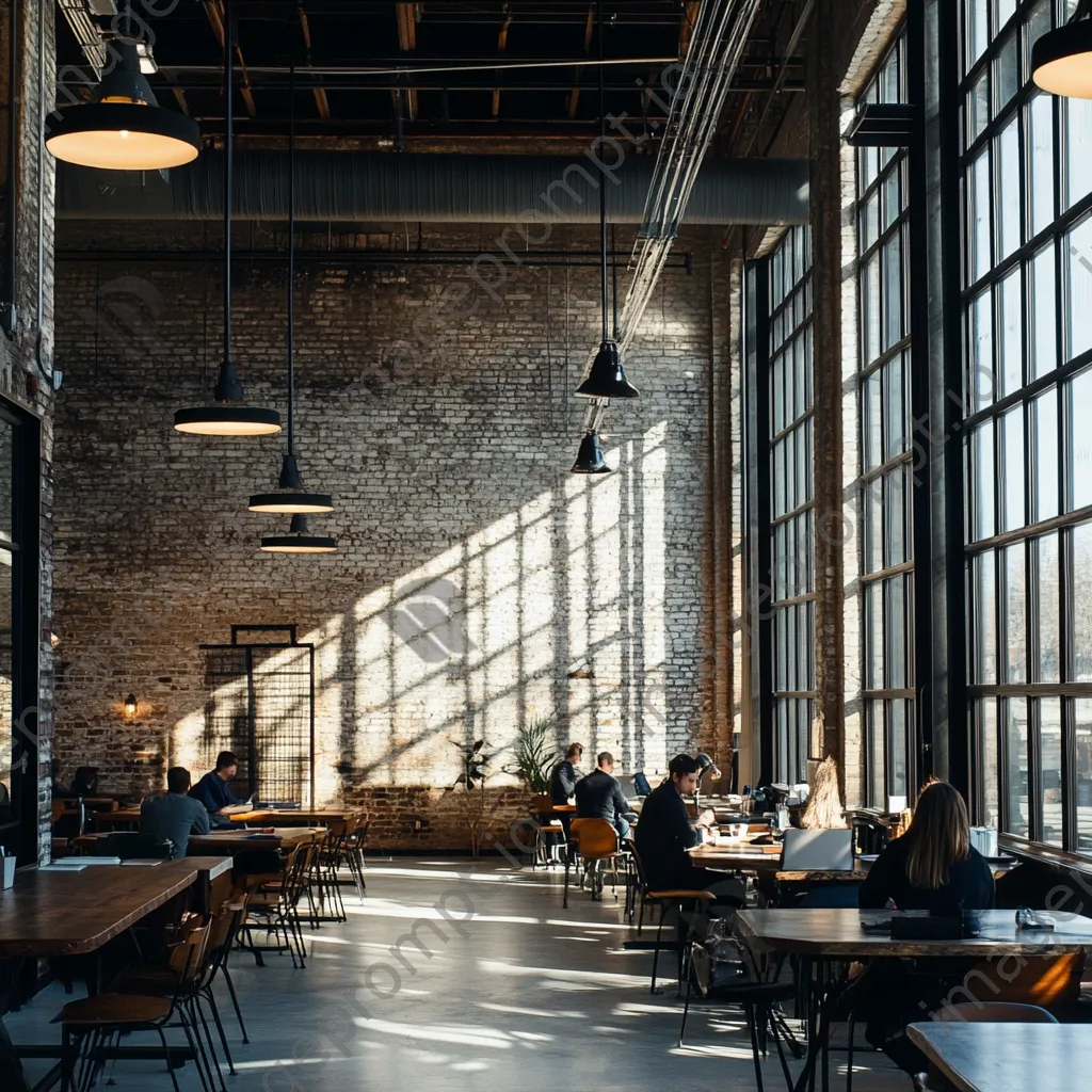 Group of professionals brainstorming in an industrial-style co-working space - Image 1