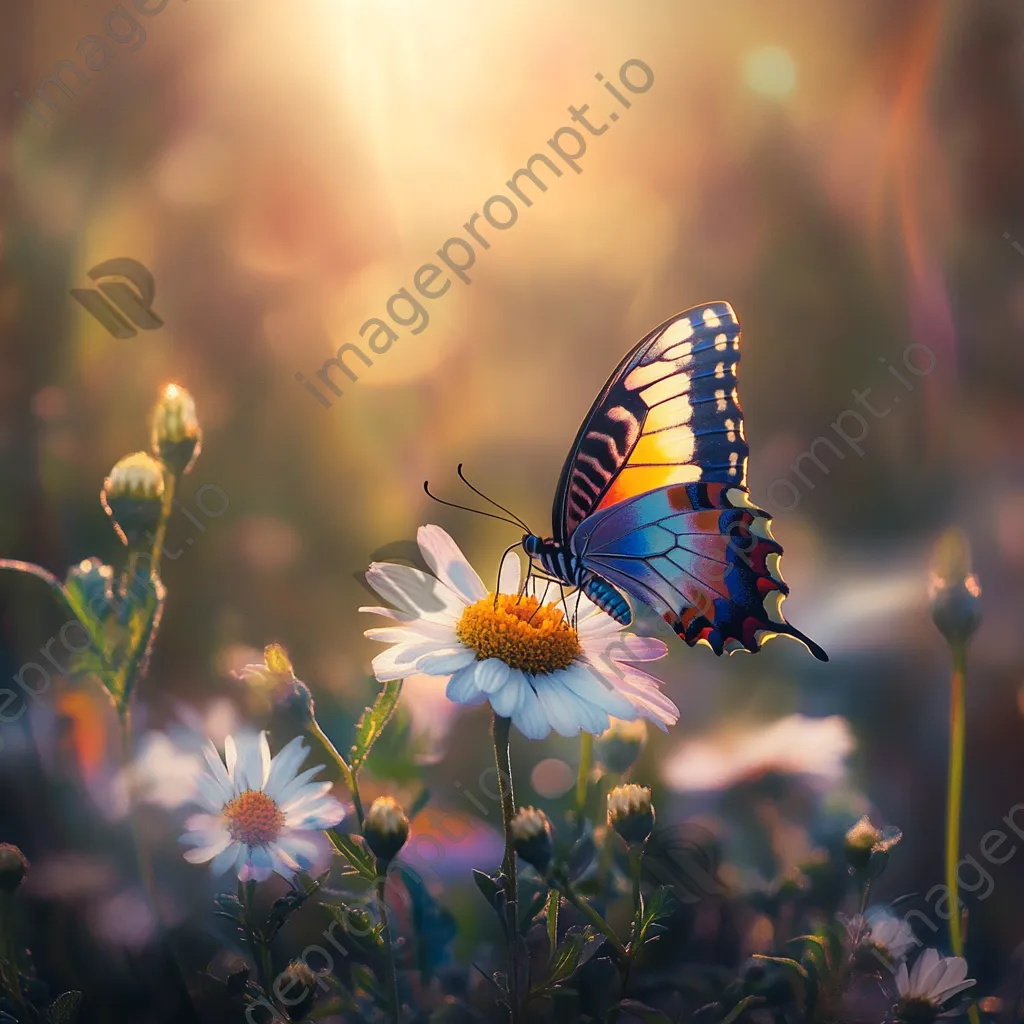 Butterfly on a daisy in a sunlit flower garden. - Image 1