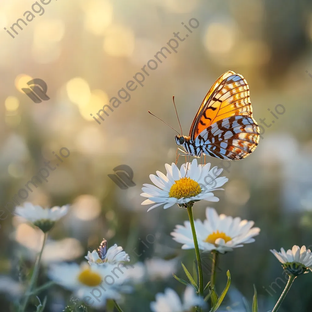 Butterfly on a daisy in a sunlit flower garden. - Image 2