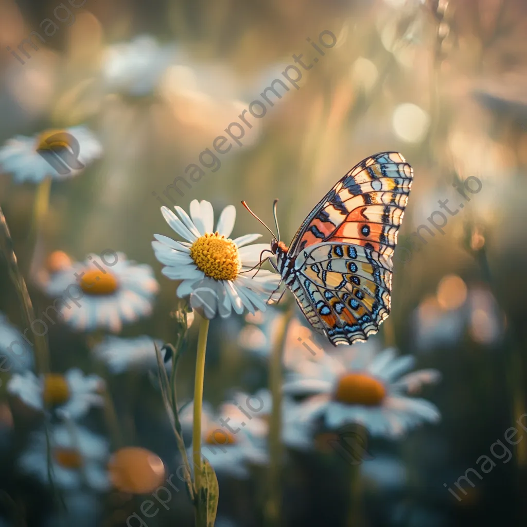 Butterfly on a daisy in a sunlit flower garden. - Image 3