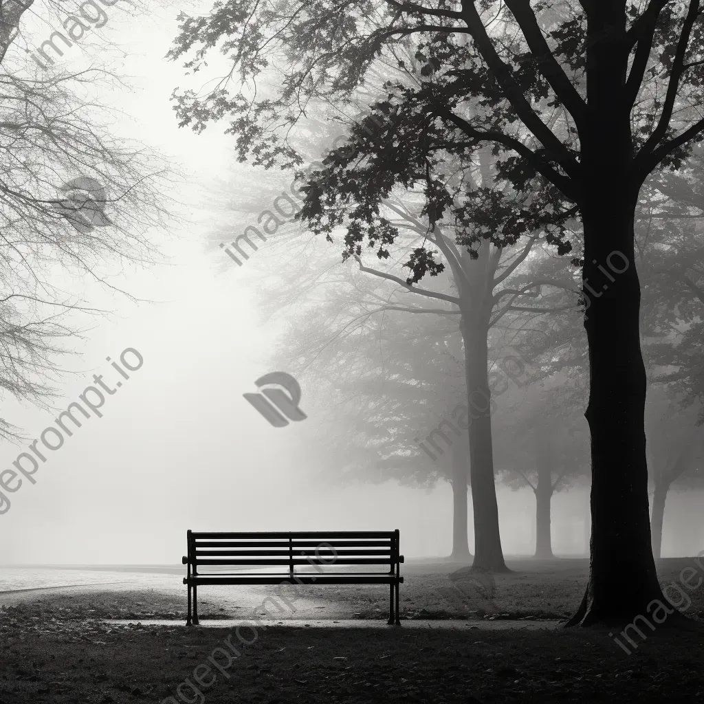 Black and white lonely park bench in misty park - Image 1