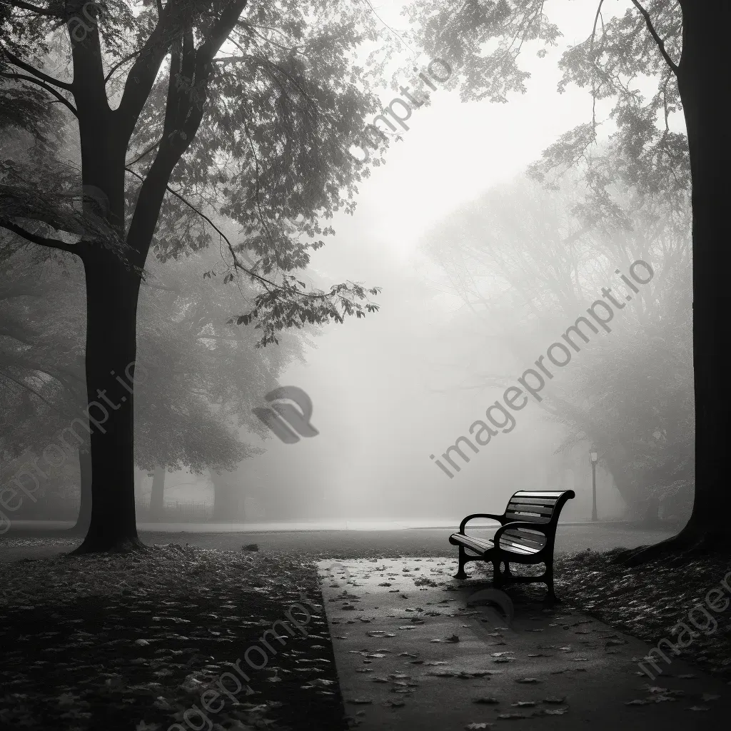 Black and white lonely park bench in misty park - Image 2