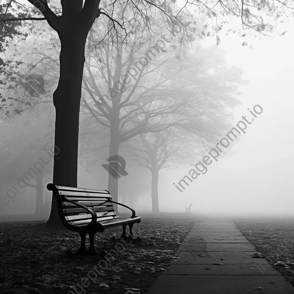 Black and white lonely park bench in misty park - Image 3