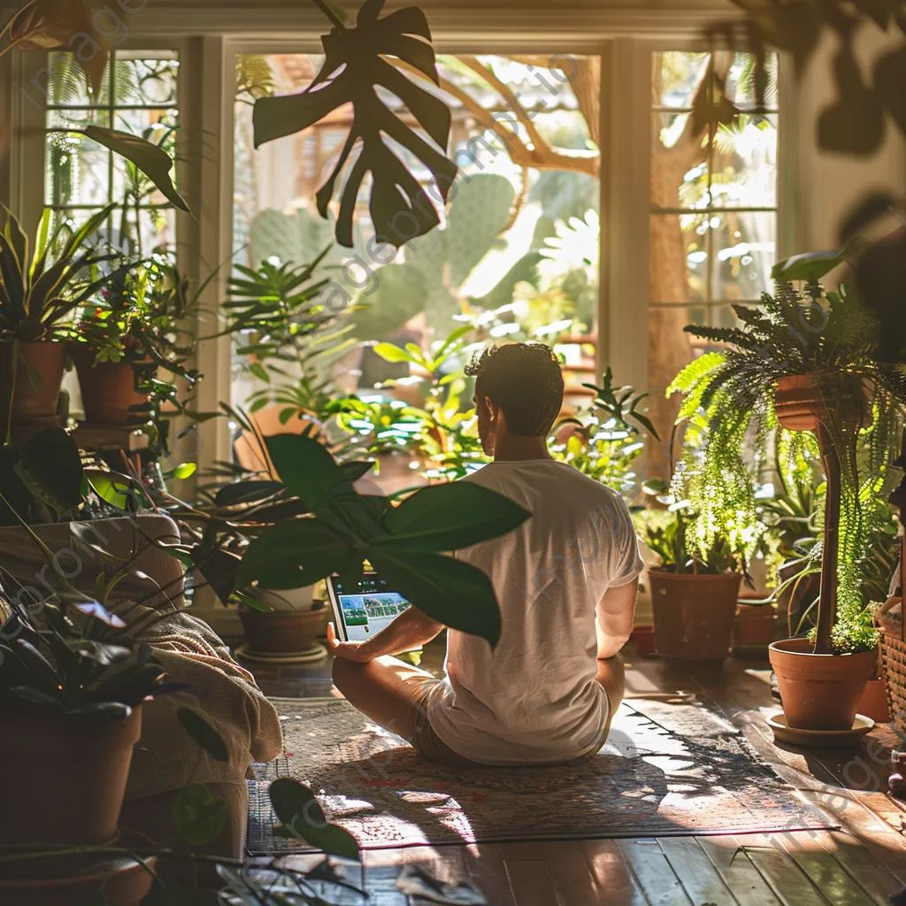 Man doing yoga in a sunlit room with a tablet showing a fitness app - Image 1