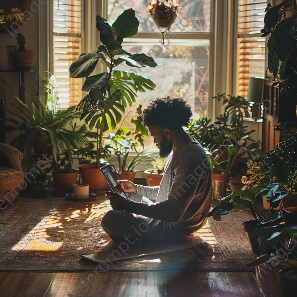 Man doing yoga in a sunlit room with a tablet showing a fitness app - Image 2