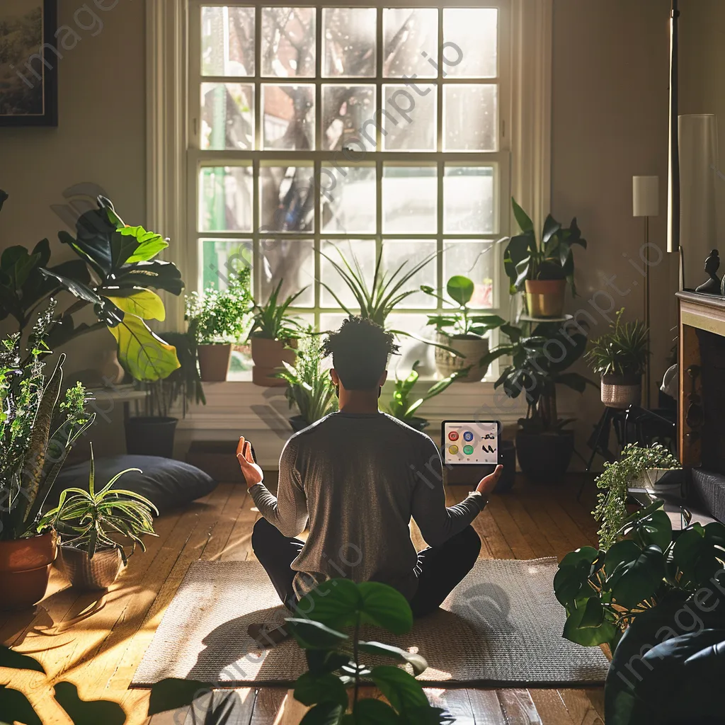 Man doing yoga in a sunlit room with a tablet showing a fitness app - Image 3