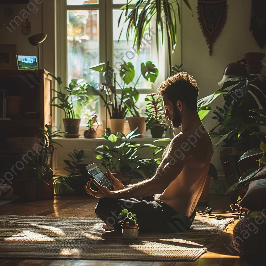 Man doing yoga in a sunlit room with a tablet showing a fitness app - Image 4