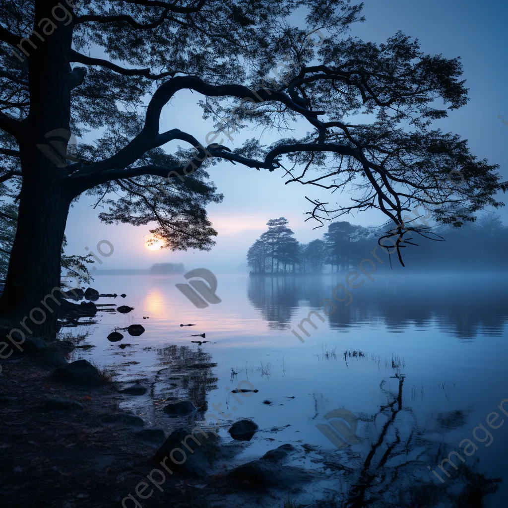 Misty lakeside scene at twilight - Image 1