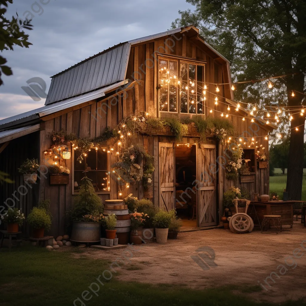 Whimsical barn decorated with fairy lights - Image 1