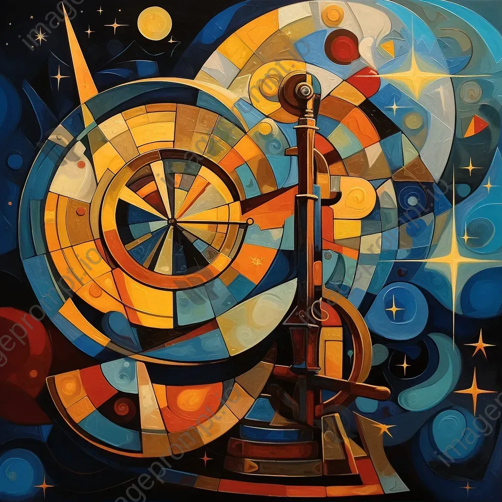 Cubist interpretation of an astrolabe navigation instrument against a starry sky - Image 1