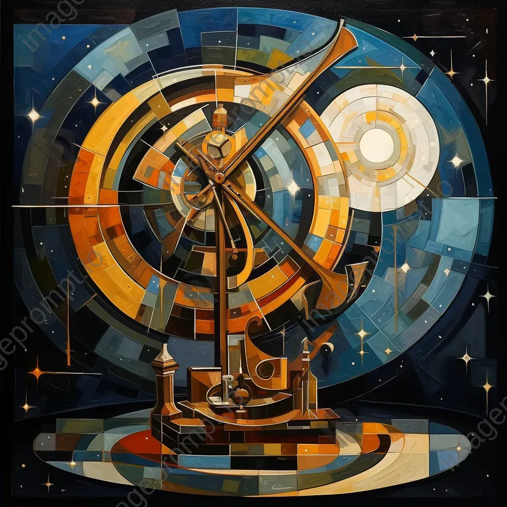 Cubist interpretation of an astrolabe navigation instrument against a starry sky - Image 2