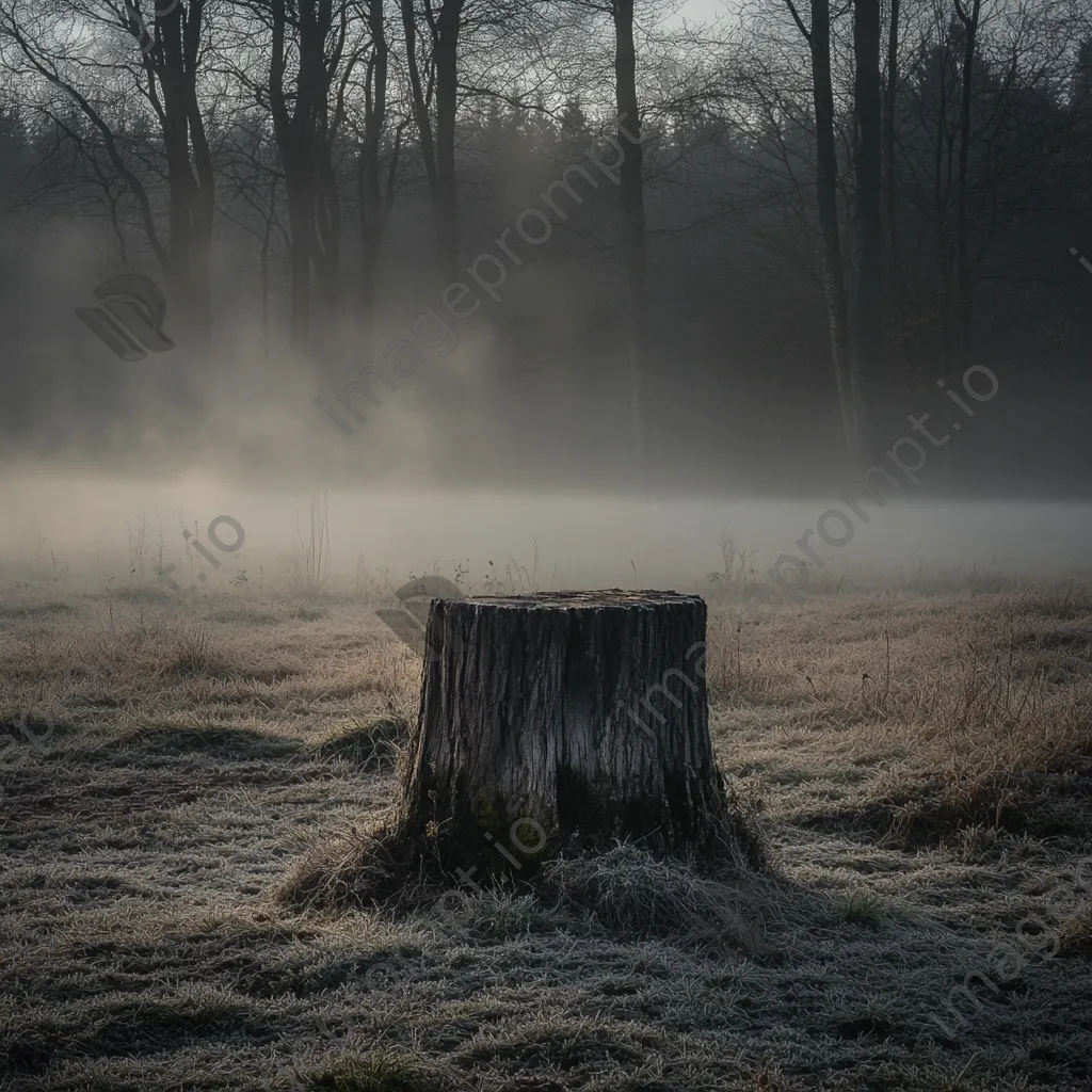 Ancient tree stump in a foggy woodland with soft light - Image 1