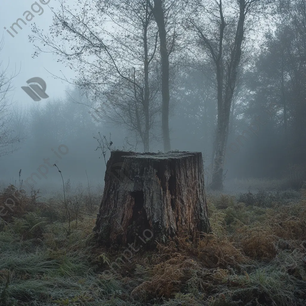 Ancient tree stump in a foggy woodland with soft light - Image 2