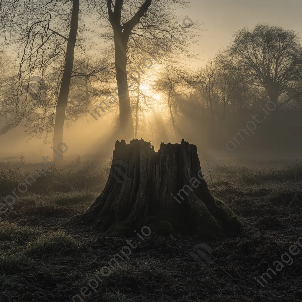 Ancient tree stump in a foggy woodland with soft light - Image 4