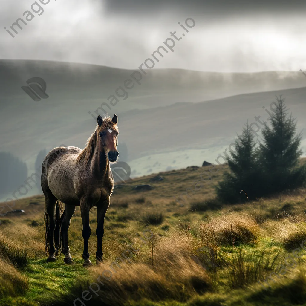 Lone horse on a misty hillside - Image 1