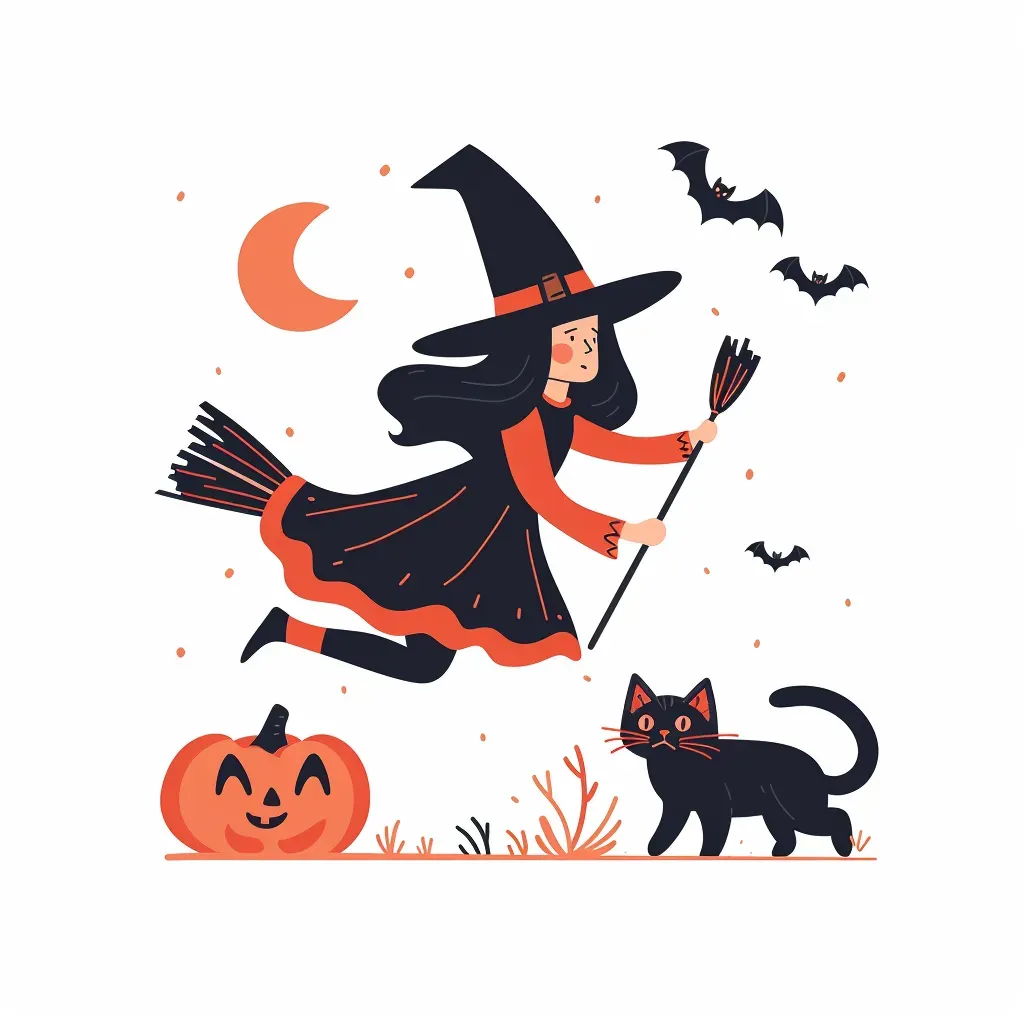 Witch flying on broomstick, black cat, spooky pumpkin Halloween logo - Image 1