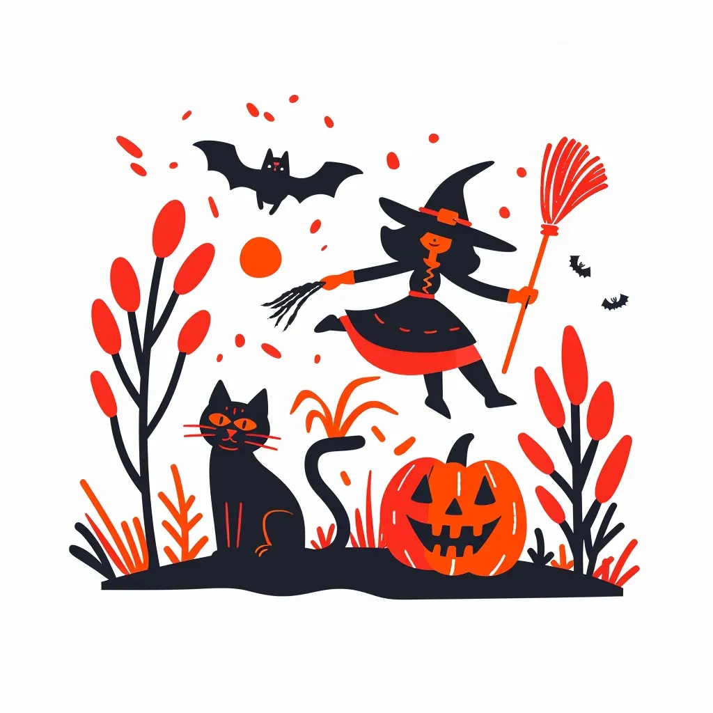 Witch flying on broomstick, black cat, spooky pumpkin Halloween logo - Image 3