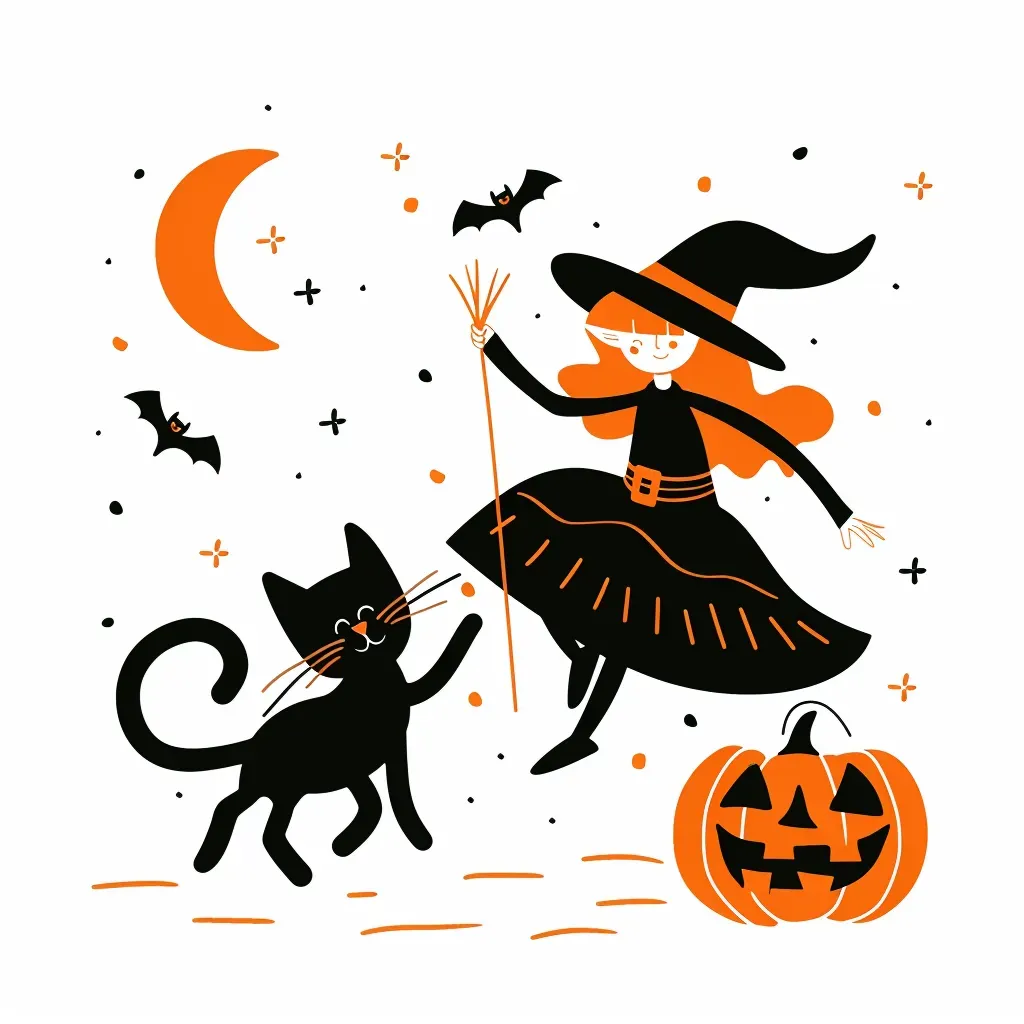 Witch flying on broomstick, black cat, spooky pumpkin Halloween logo - Image 4