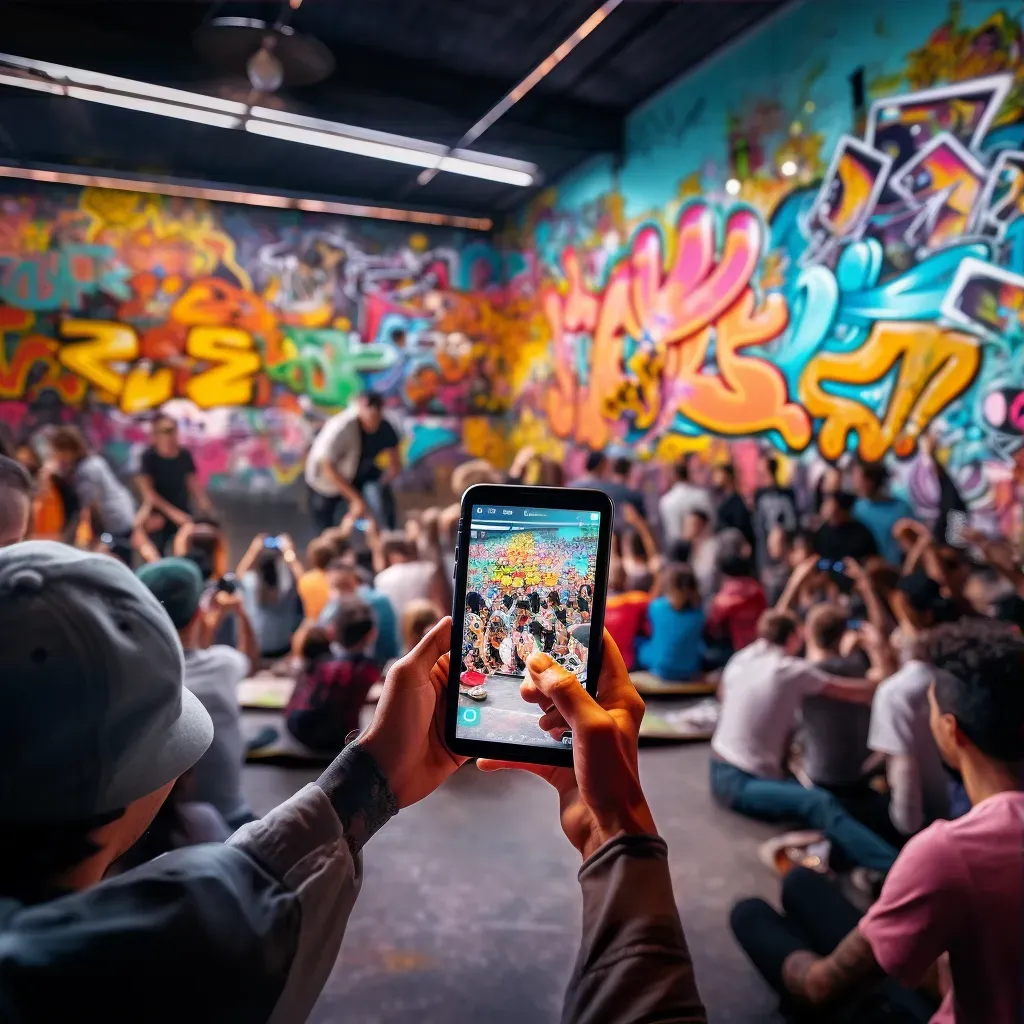 Urban skatepark with skaters performing tricks and colorful graffiti art - Image 3