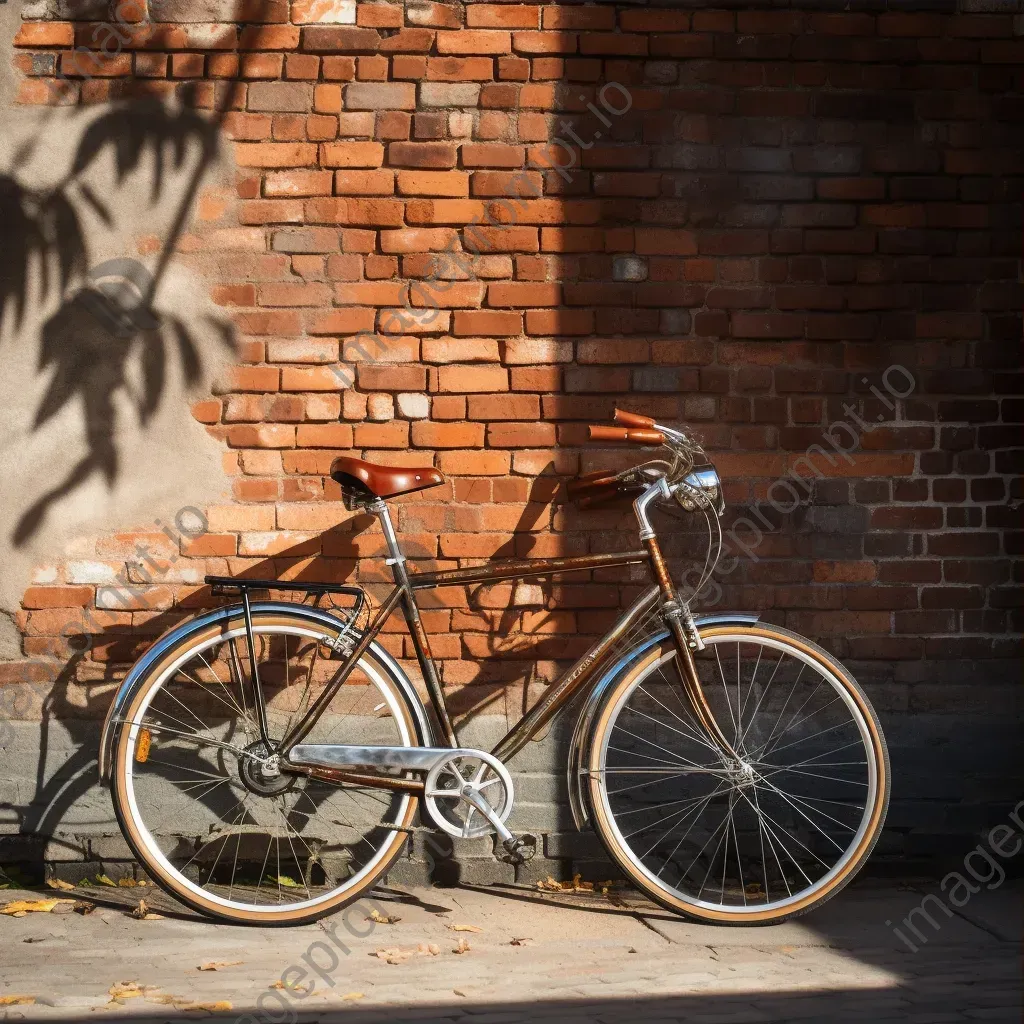 Black and white vintage bicycle against brick wall with shadows - Image 3