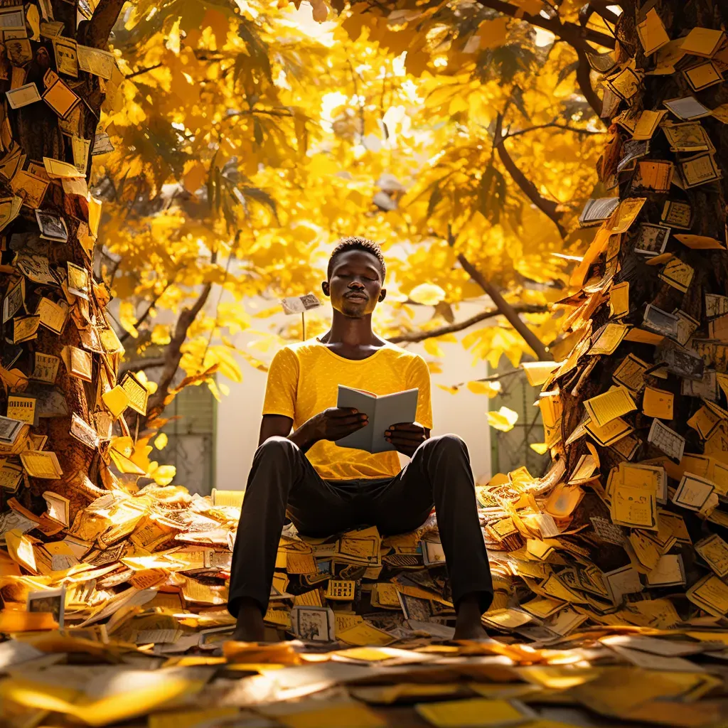 Image of man reading book under tree with sunlight - Image 2