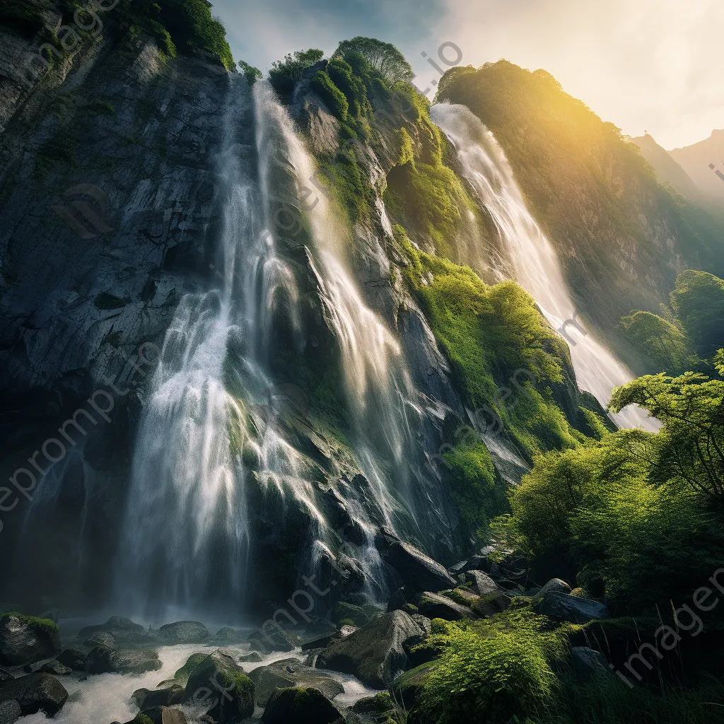 High-altitude waterfall flowing down rocky cliffs amid lush vegetation - Image 3