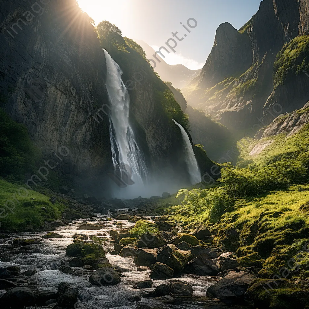 High-altitude waterfall flowing down rocky cliffs amid lush vegetation - Image 4