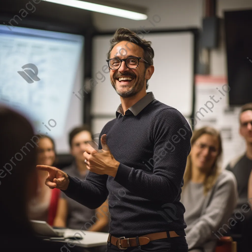 Professional presenting ideas on projector to an attentive audience - Image 1