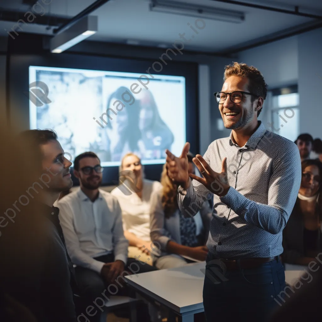 Professional presenting ideas on projector to an attentive audience - Image 2