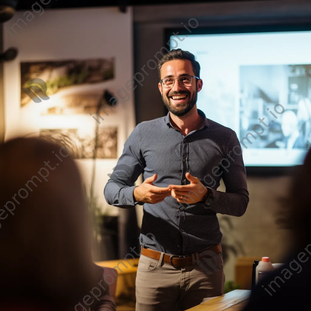 Professional presenting ideas on projector to an attentive audience - Image 3