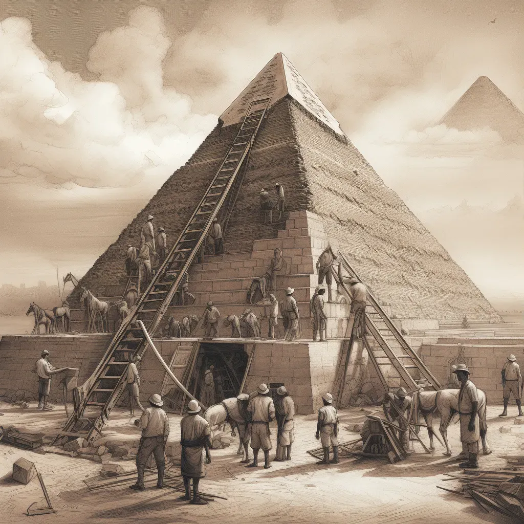 Construction scene of the Great Pyramid of Giza with laborers and the Pharaoh - Image 1