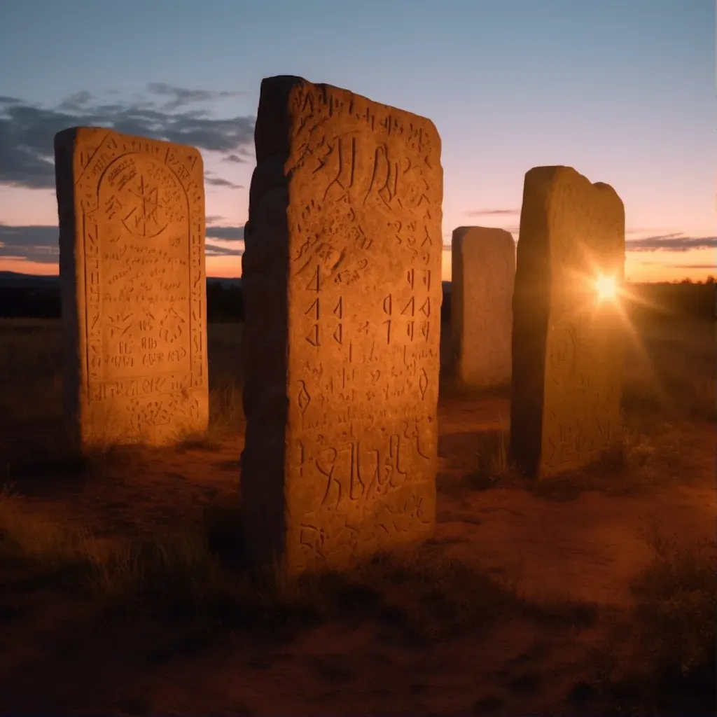 Image of ancient stone tablets with engraved prophecies under the light of a setting sun - Image 1