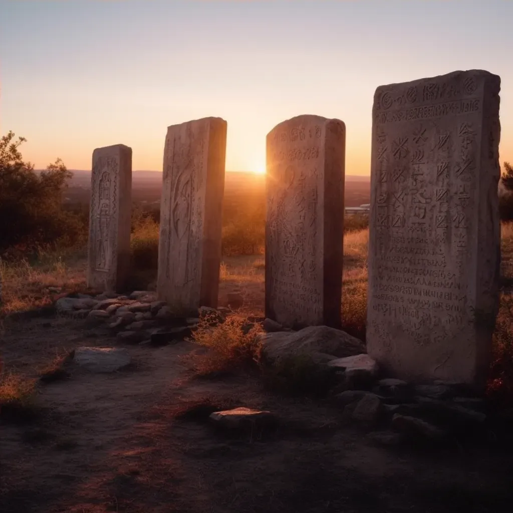 Image of ancient stone tablets with engraved prophecies under the light of a setting sun - Image 4