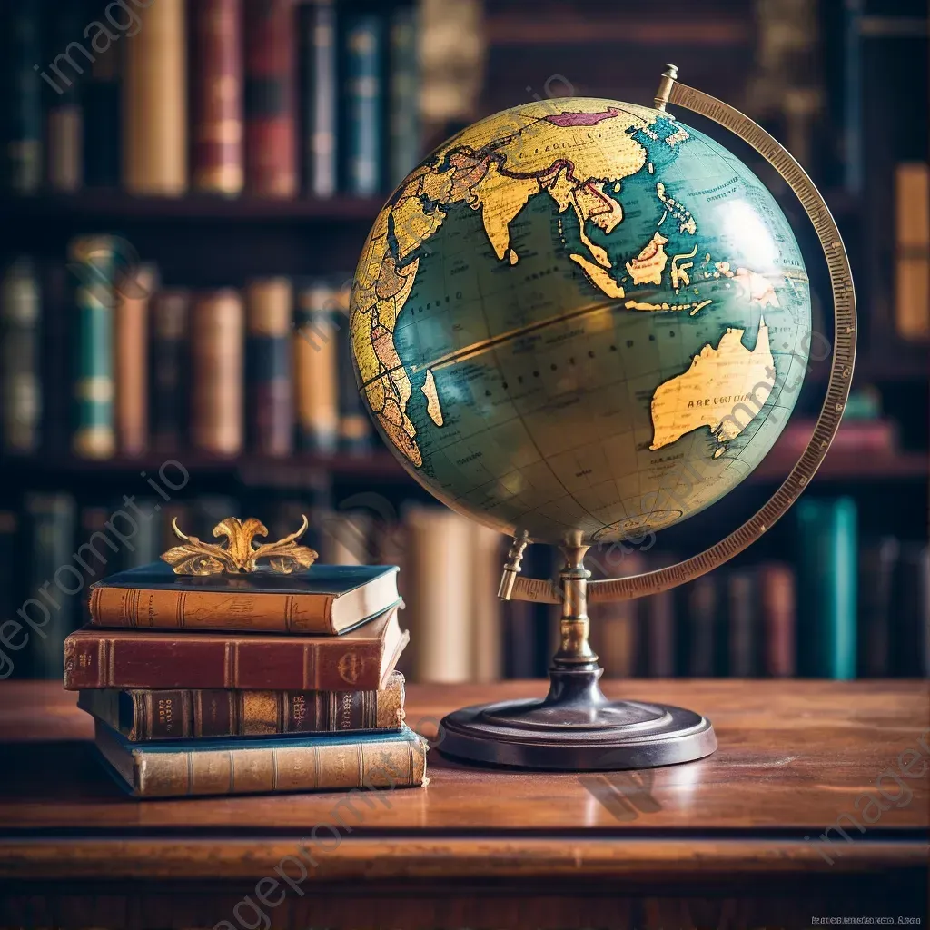 Vintage world globe on wooden desk - Image 1