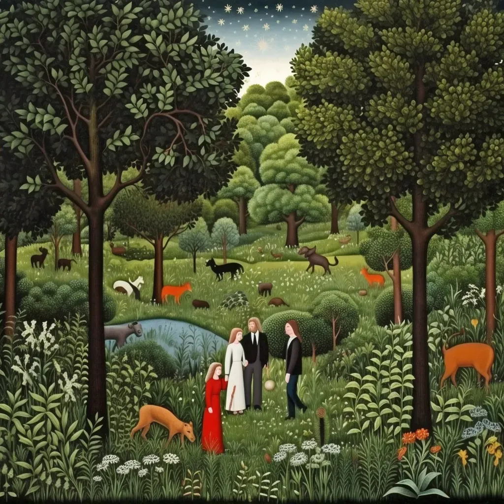 Adam and Eve in Vibrant Garden Setting