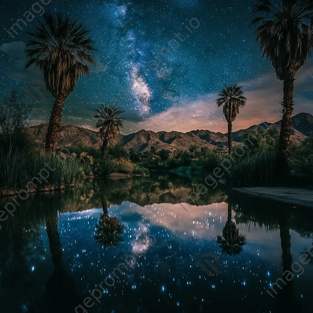 Serene desert oasis reflecting stars with palm trees at night. - Image 1